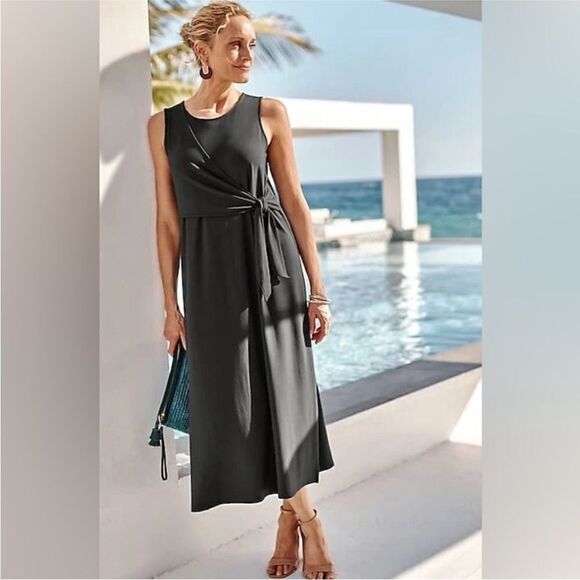 J Jill Wearever Slate Gray Tie Waist Jersey Knit Maxi Dress | Size L - Picture 1 of 7